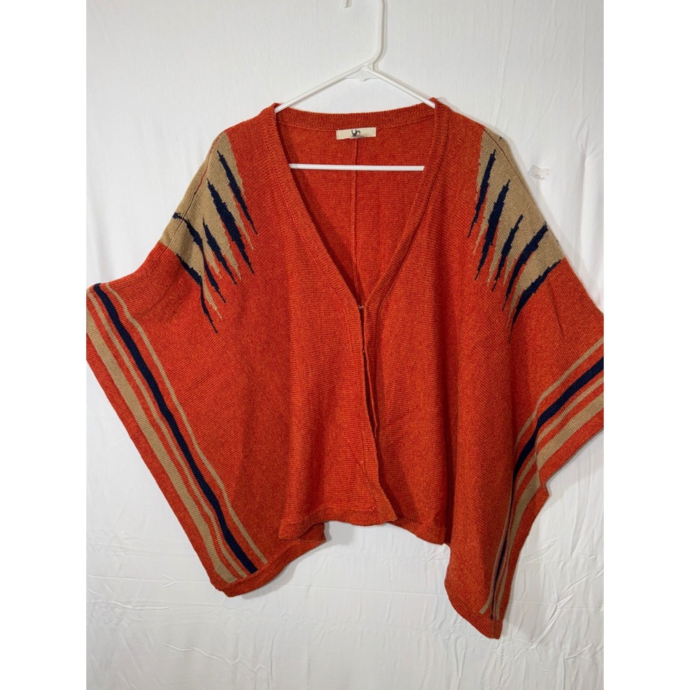 Ya Los Angeles Poncho Orange Tan Navy Knit Cardigan Coverup Women's Size L aztec
